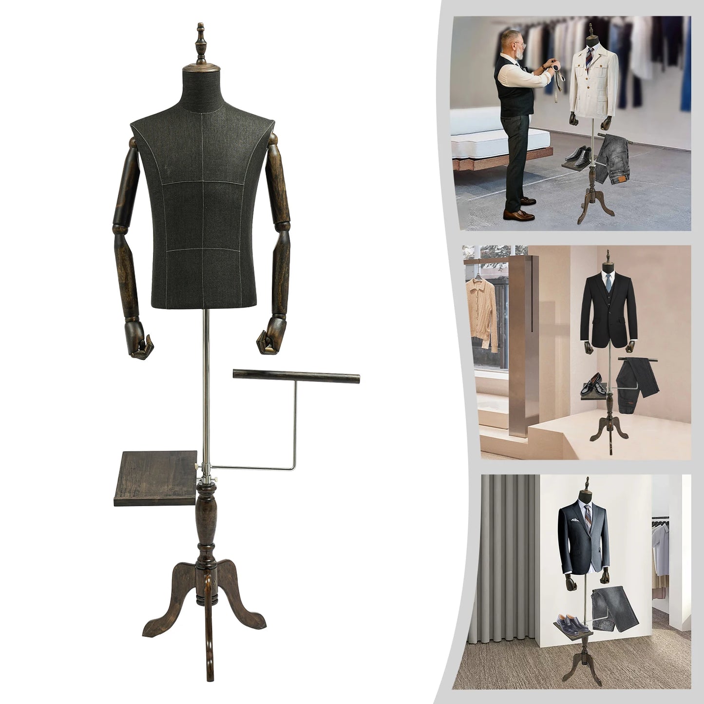 Mannenpaspop – Paspop Heren – Mannequin Halflichaam – Kledingdisplay – Modellenpop – Verstelbare Hoogte 150-180 cm – Hoofdloos Zwart - QUORE