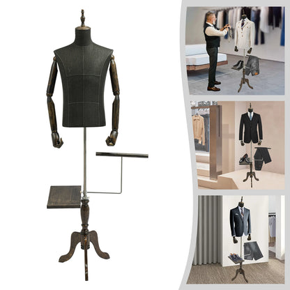Mannenpaspop – Paspop Heren – Mannequin Halflichaam – Kledingdisplay – Modellenpop – Verstelbare Hoogte 150-180 cm – Hoofdloos Zwart - QUORE