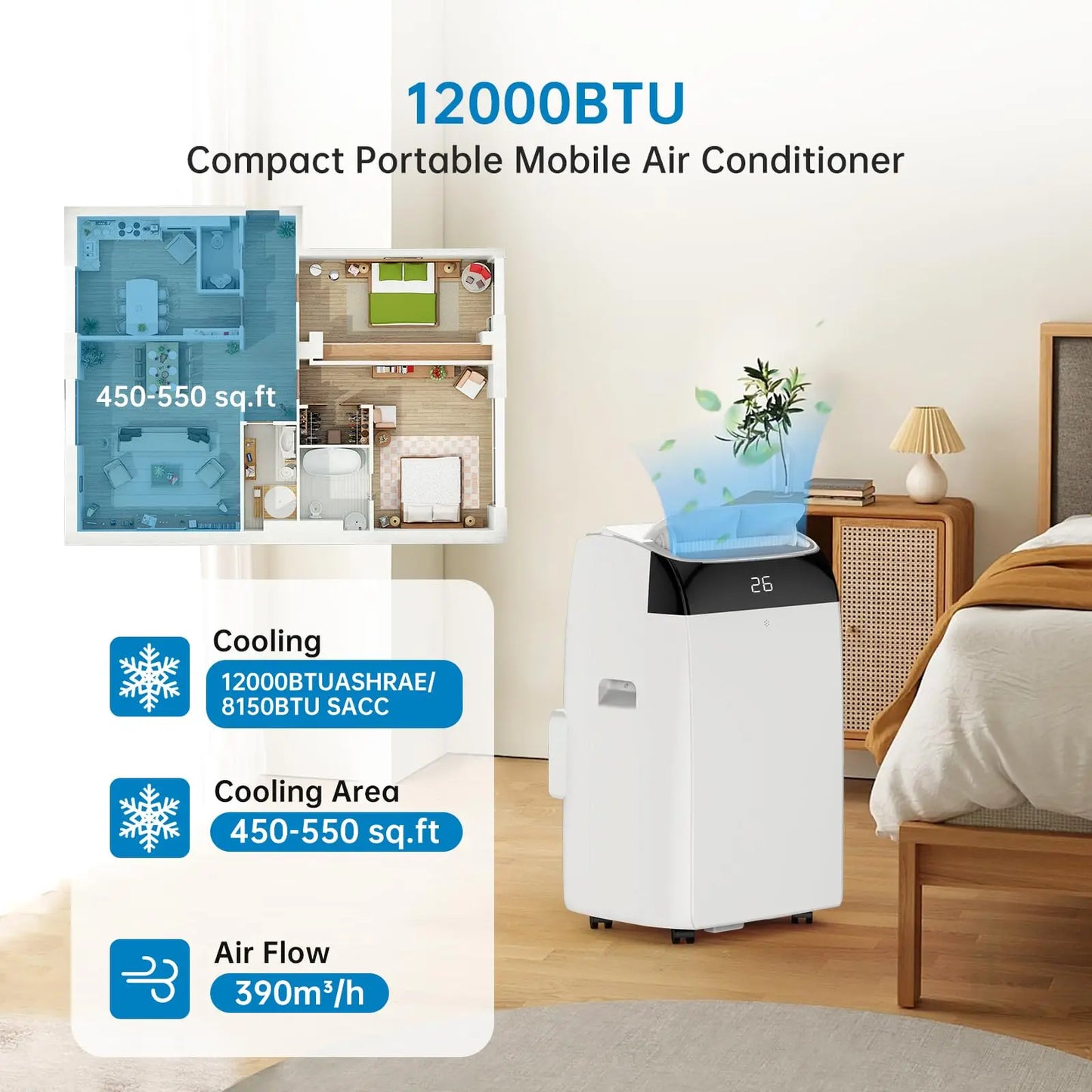 Draagbare Airconditioner – Mobiele Airco – Koelventilator – Ontvochtiger – 12.000 BTU – 50 m² – Stil Geluid - Witte Bovenkant - QUORE