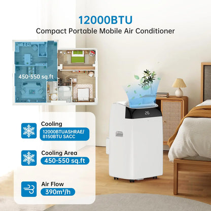 Draagbare Airconditioner – Mobiele Airco – Koelventilator – Ontvochtiger – 12.000 BTU – 50 m² – Stil Geluid - Witte Bovenkant - QUORE