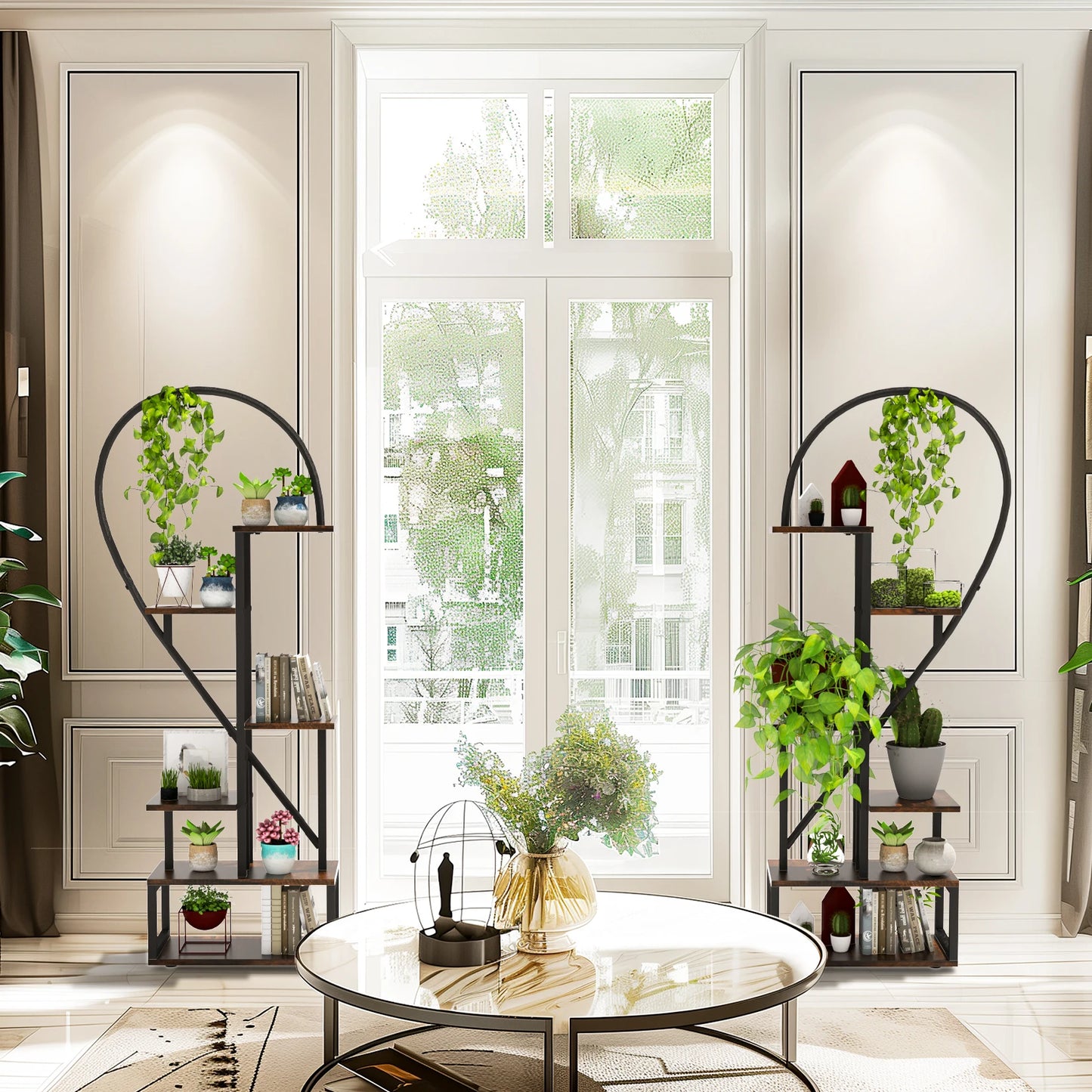 Plantenstandaard - Plantentafel - Plantenrek - Plantenzuil - 2-Pack Halve Hartvormige - Metalen - 6-Lagen Displayrek met Haken voor Binnen & Buiten