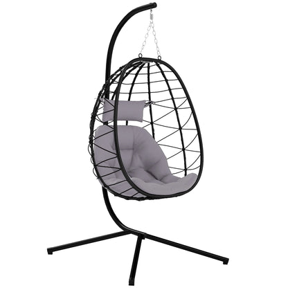 Hangstoel in Ei-vorm - Egg Hangstoel - Hangstoel Ei - Tuin Schommelstoel - met Standaard - Opvouwbare Mand - Inclusief Kussen - en Hoofdkussen - 198x98x95cm - voor Buiten - Terrasdecoratie - Balkon - Grijs