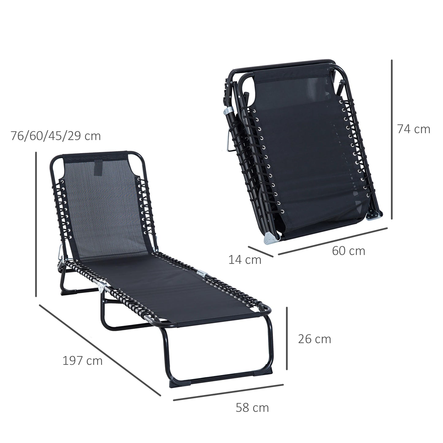 Verstelbare Vouwbare Lounger - 4 Posities - Tuin Recliner - Stalen Frame - Ademend Textilene - Camping, Zwembad, Patio - Zwart - QUORE