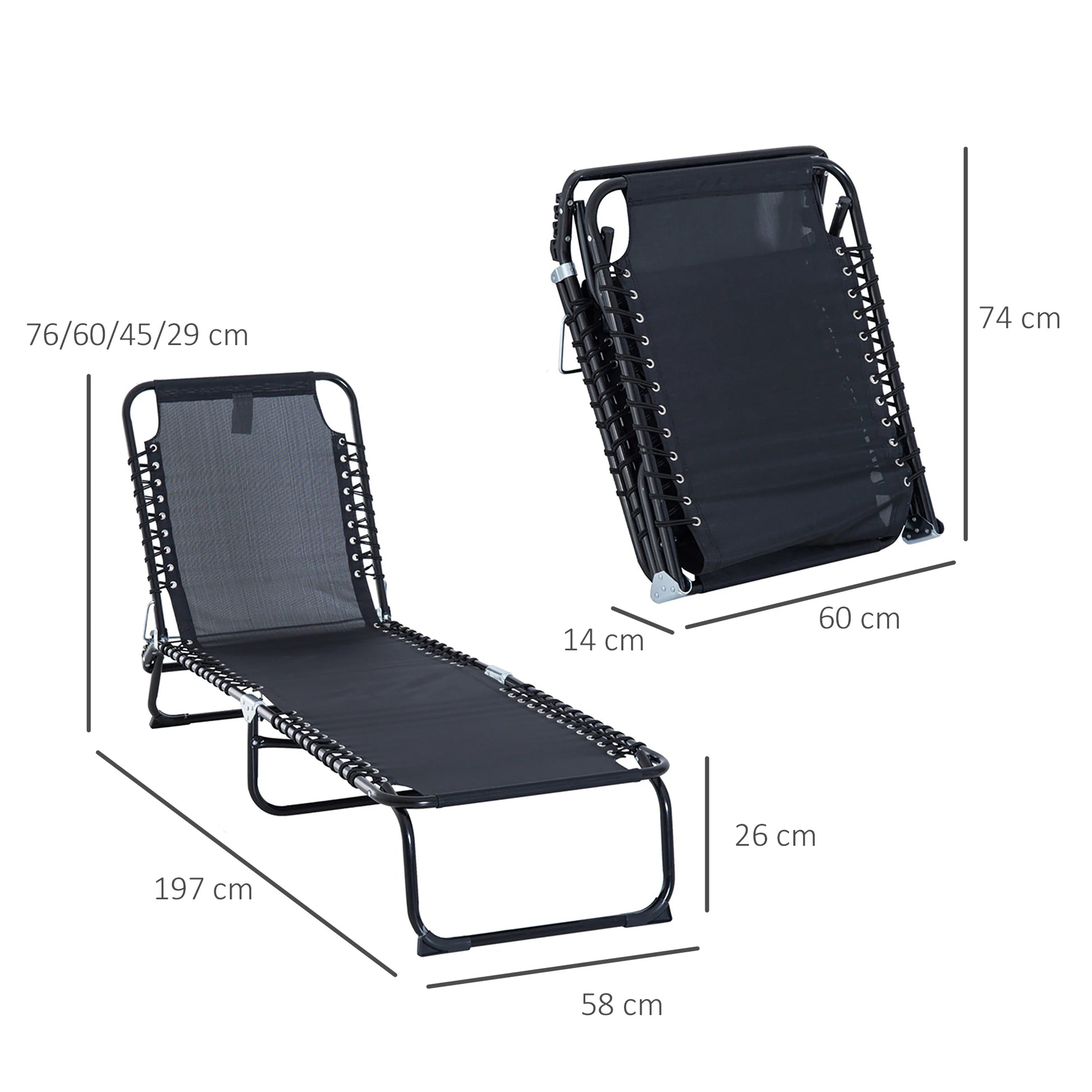 Verstelbare Vouwbare Lounger - 4 Posities - Tuin Recliner - Stalen Frame - Ademend Textilene - Camping, Zwembad, Patio - Zwart - QUORE