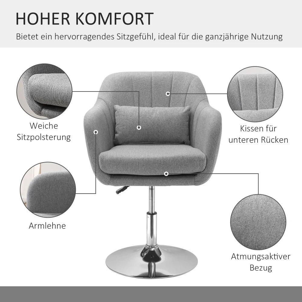 Draaistoel – Bureaustoel – Eetkamerstoel – Accentstoel – Verstelbare Zithoogte – 360° Draaibaar – Ademend Linnen - 60 x 60 x 79-91 cm - Grijs