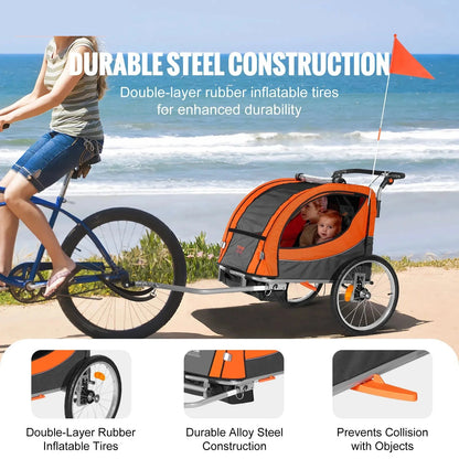 Fietstrailer - Fietskar - Aanhanger Fiets - Fietskar Voor Kinderen - Kinderfietskar - Opvouwbare Kinderwagen - 2-in-1 - 55kg - Vering - Reflectoren - Universele Fiets - voor Peuters en Kleuters