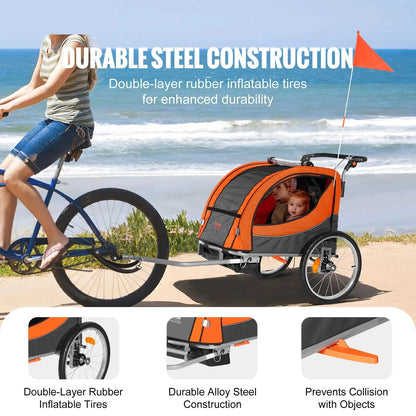 Fietstrailer - Fietskar - Aanhanger Fiets - Fietskar Voor Kinderen - Kinderfietskar - Opvouwbare Kinderwagen - 2-in-1 - 45kg - Vering - Reflectoren - Universele Fiets - voor Peuters en Kleuters