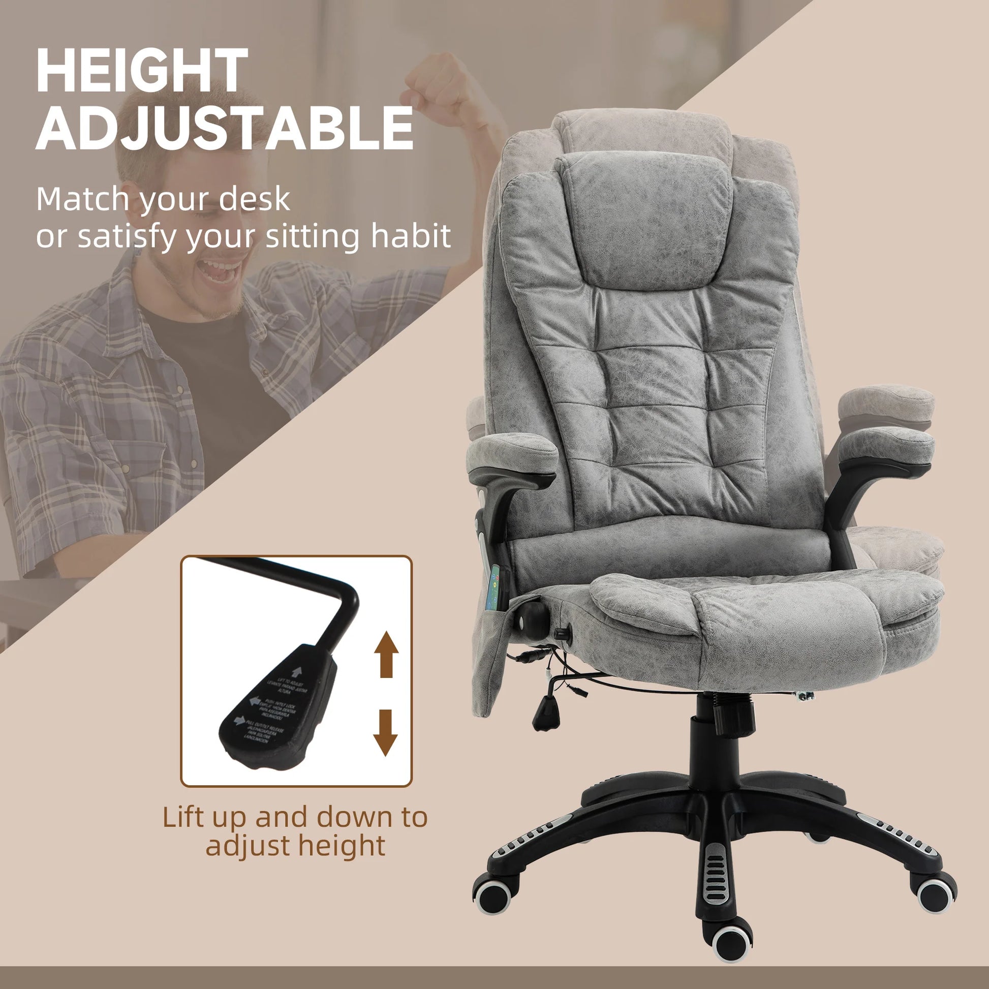 Multifunctionele Bureaustoel – Ergonomische Stoel – Massage Stoel – Comfortabele Bureaustoel – Verstelbare Rugleuning – 6 Massagepunten – Warmtefunctie - 68 x 72 x 110-120 cm - Grijs - QUORE