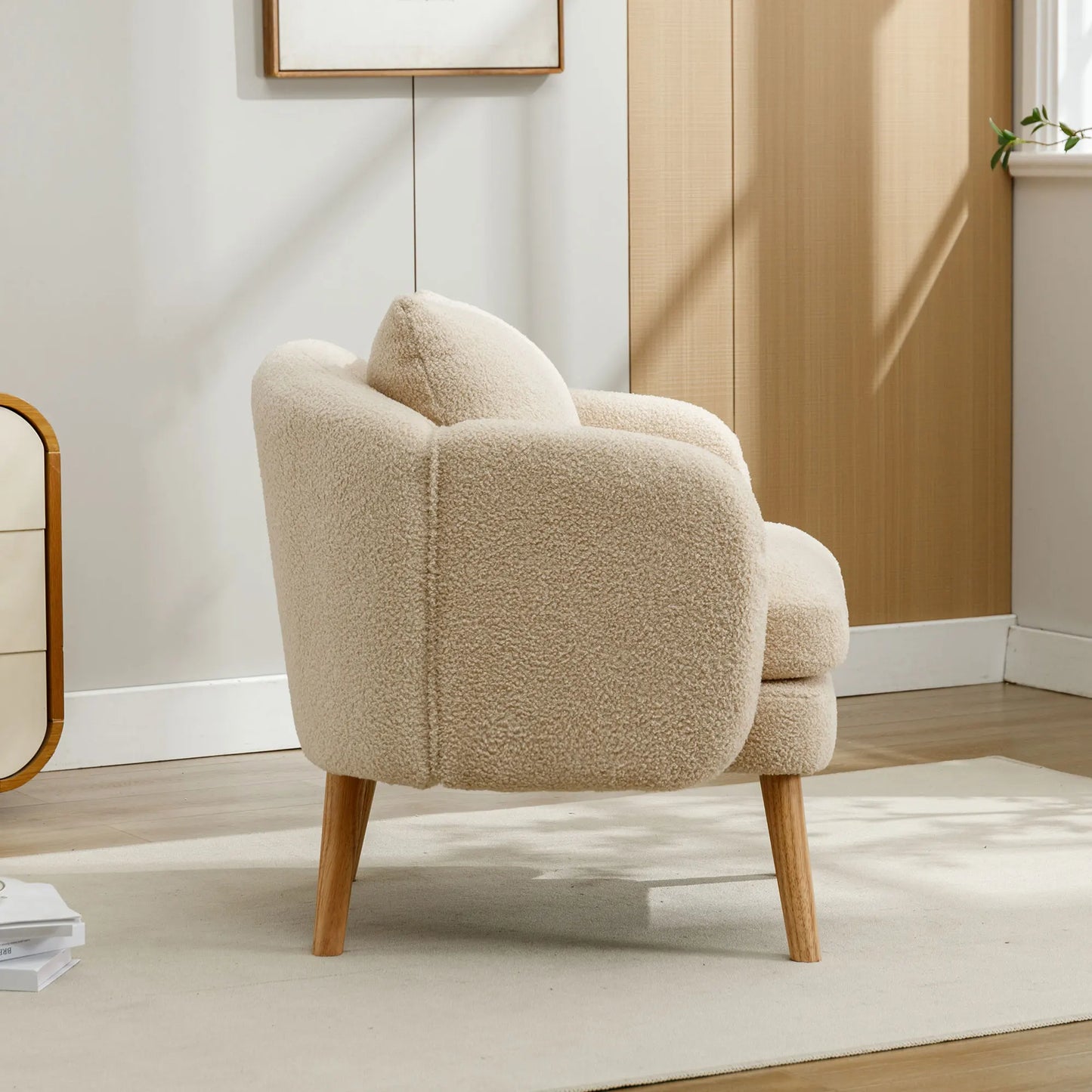 Fauteuil – Teddyvelours Stoel – Lounge Stoel – Relaxfauteuil – Zachte Bekleding – 14 Cm Dikke Zitting – Houten Constructie - 71 x 72 x 79 cm - Beige