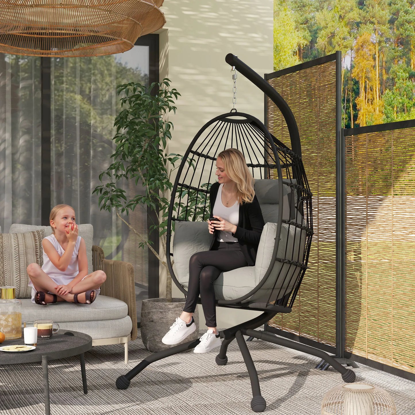 Hangende Eierstoel – Hangstoel – Tuinstoel – Relaxstoel – Balkonstoel – Gepoedercoat Staal – Verstelbare Ketting - Zwart
