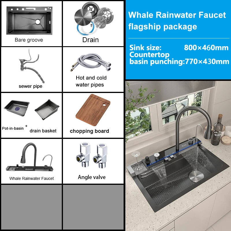 Stainless Steel Waterfall Kitchen Sink Large Single Slot With Digital Display Faucet Apartment Multifunctional Wash Basin