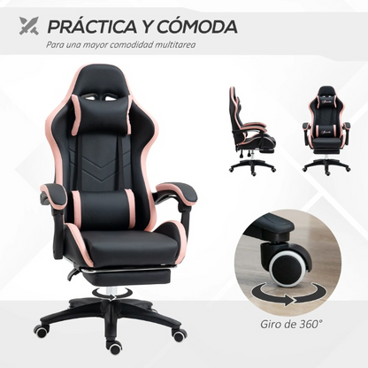 Gaming Stoel - Bureaustoel - Swivel Stoel - met Voetsteun - Hoofdsteun - Verstelbare - Rugleuning - Lendenkussen - Ergonomische - Draaibare - 65 x 65 x 121-129 cm - Zwart & Roze - QUORE