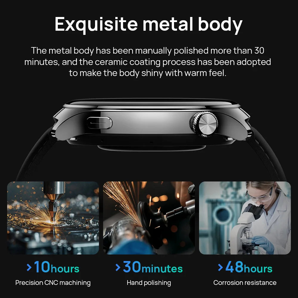Smartwatchbandjes - Smartwatches - Heren Dames Sporthorloge - 3.35cm - UHD AMOLED - Metalen Kast - Lederen en Rubberen Band - 5ATM Waterdicht - GPS Ingebouwd - 300-450 mAh - Zwartachtig Groen