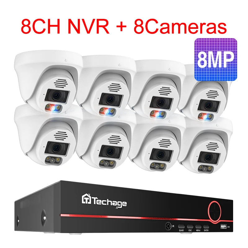 Techage Ultra HD 8MP 4K POE Security Camera System Two Way Audio Face Detect Full Color Night H.265 CCTV Video Surveillance Set - QUORE
