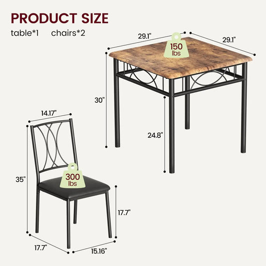 3-Piece Wood Dining Table Set for 2, Compact Square Kitchen Table Set with 2 Upholstered Chairs, Space-Saving Dining Table Set f - QUORE