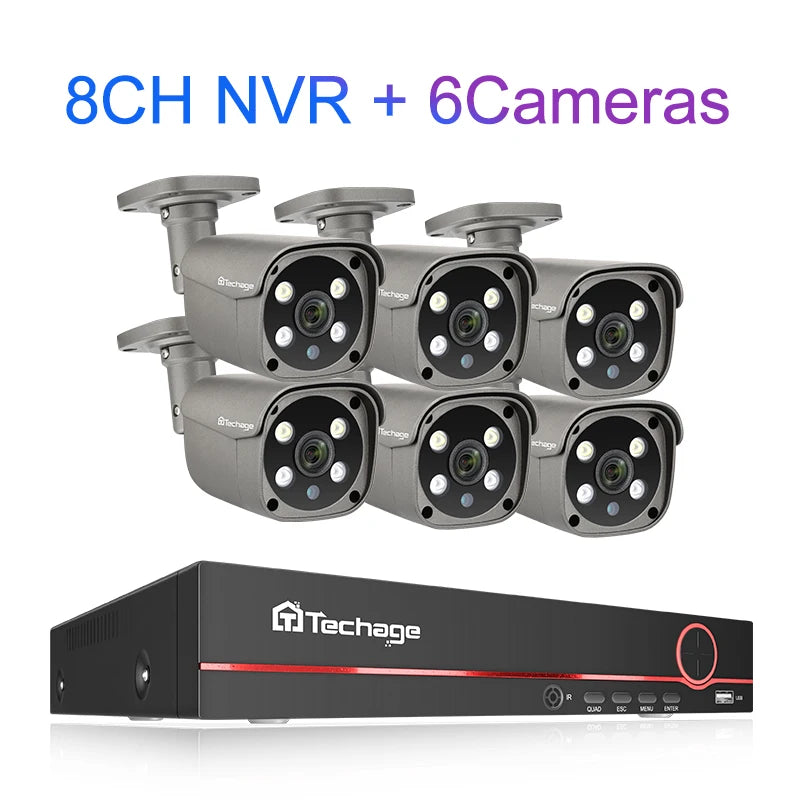 Techage H.265 8CH 5MP 4K POE Camera System Smart AI Full Color Night VIsion Face Detection CCTV Video Security Surveillance Kit - QUORE