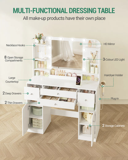 Make-uptafel – Kaptafel – Visagie tafel – Make-up bureau – Witte make-uptafel – LED-verlichting met instelbare lichtsterkte – 2 Grote laden met sieradentrays - QUORE