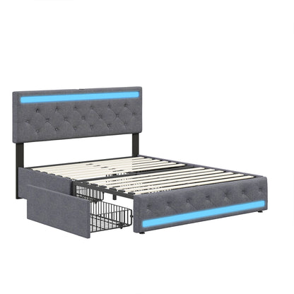Led Bed – Gestoffeerd Bed – Tweepersoonsbed – Opbergbed – Bed Met Lades – 180x200 cm – LED Verlichting – USB Oplaadpoort