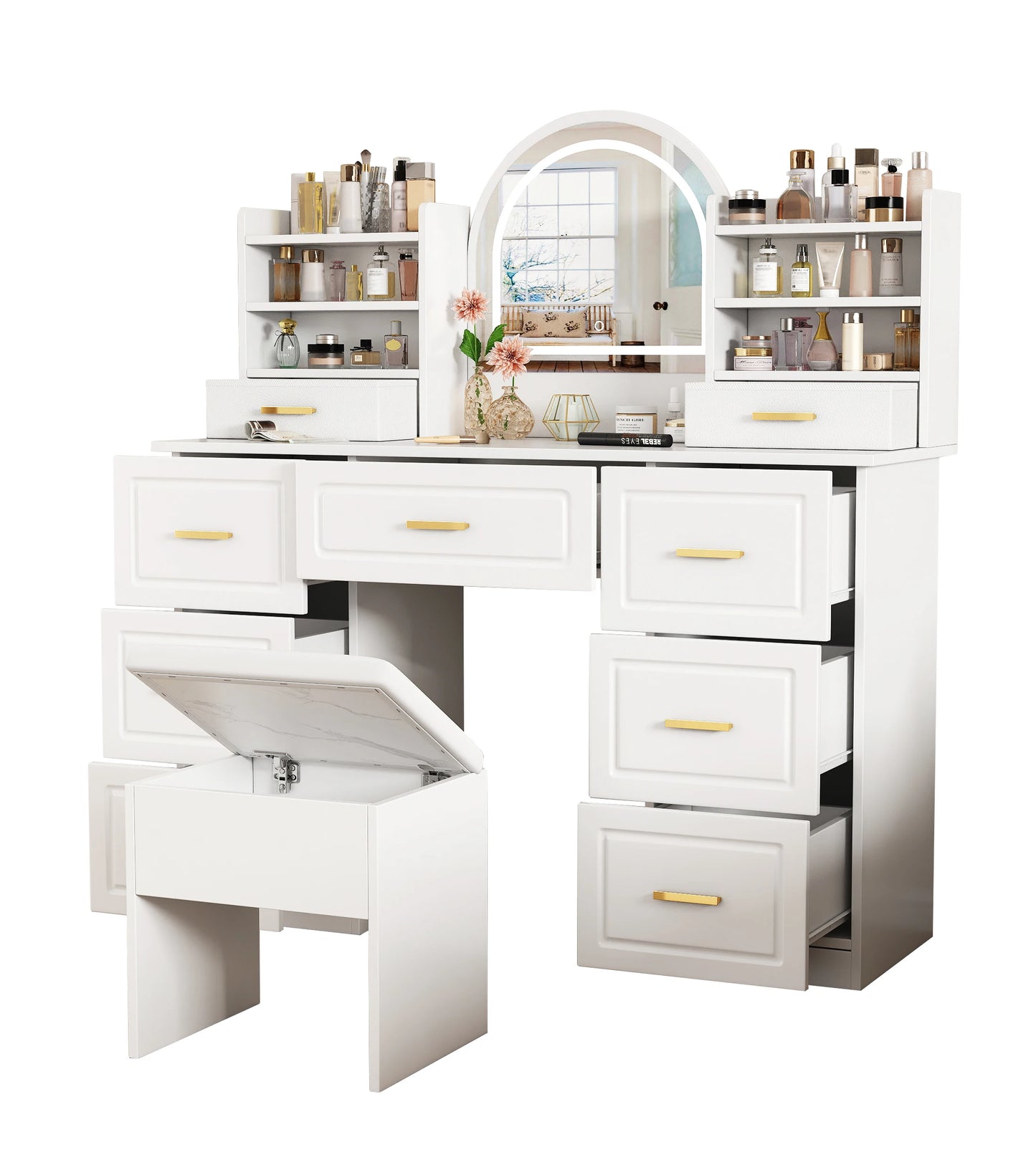 Kaptafel – Make-uptafel – Schoonheidstafel – Dressingtafel – 9 Laden – Led-Verlichting – Stevig Materiaal