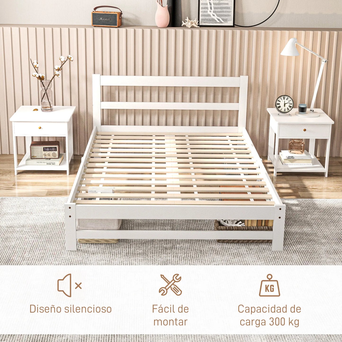 Houten Bedframe – Stevig Bed – Slaapkamer Bed – Robuust Bed – 140x195 Cm – Draagvermogen 300 Kg – Witte Afwerking - QUORE