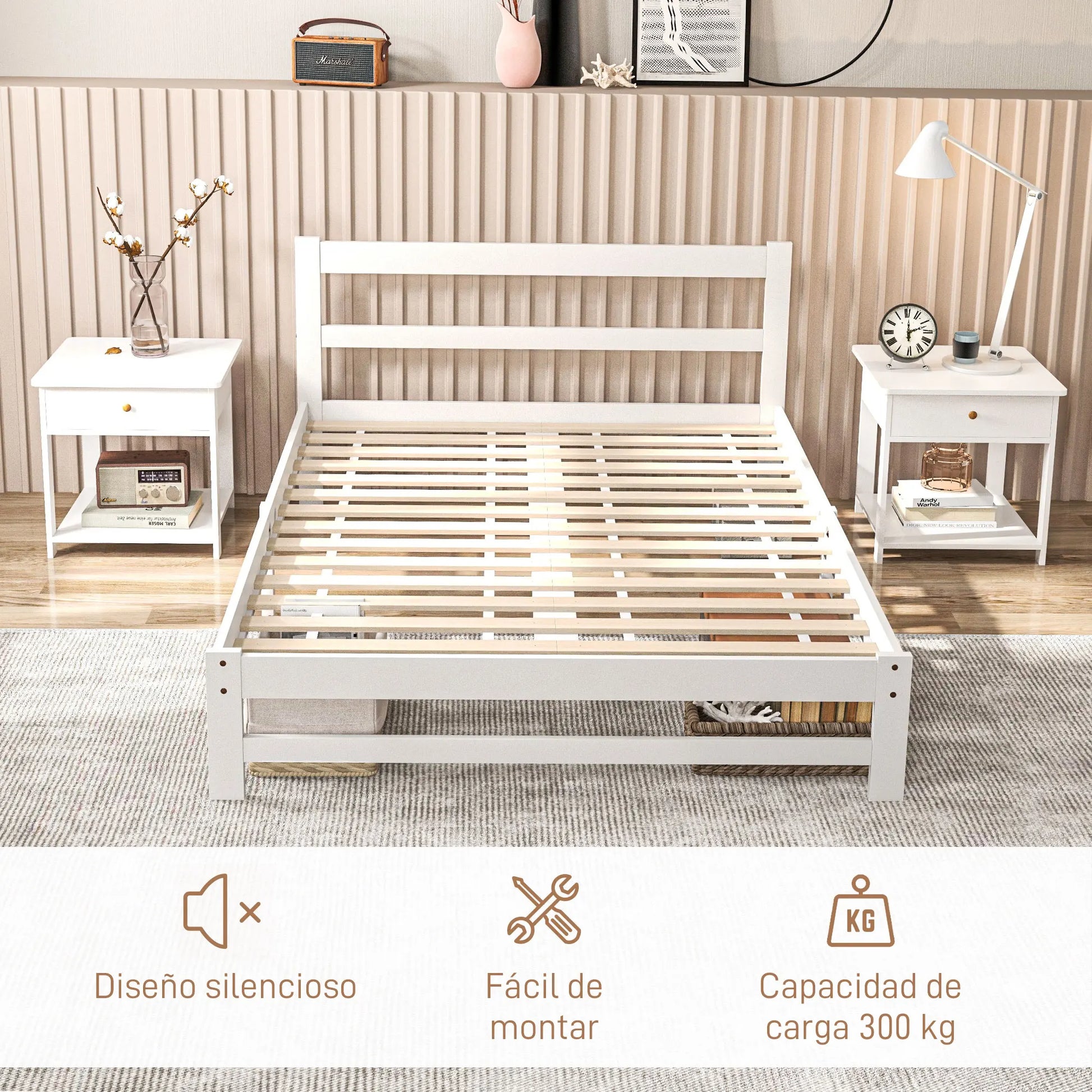 Houten Bedframe – Stevig Bed – Slaapkamer Bed – Robuust Bed – 140x195 Cm – Draagvermogen 300 Kg – Witte Afwerking - QUORE