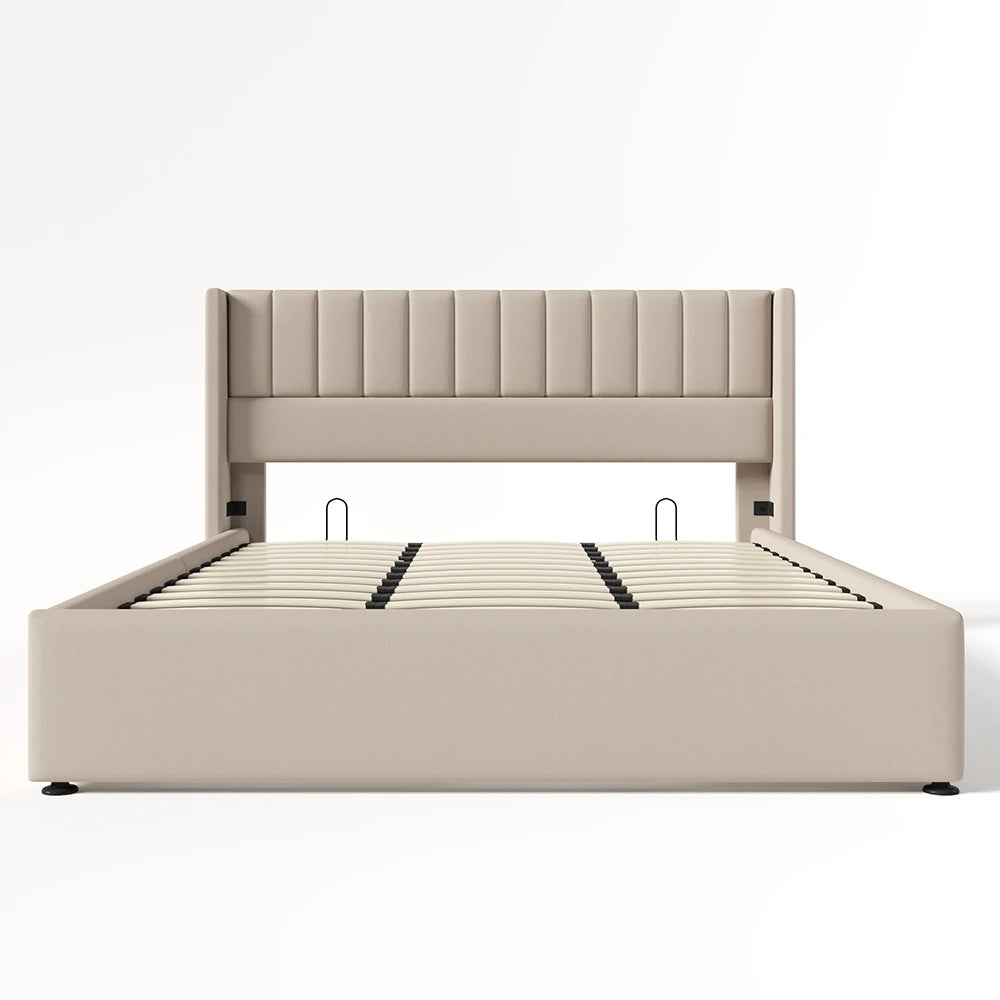 Bedbank – Slaapbank – Bed – Logeerbed – Kinderbed – Gestoffeerd Beige – Met Leeslampen en USB Opladen – Inclusief 2 Nachtkastjes en 4 Opberglades - QUORE