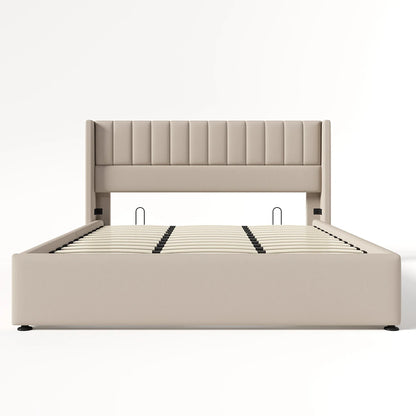 Bedbank – Slaapbank – Bed – Logeerbed – Kinderbed – Gestoffeerd Beige – Met Leeslampen en USB Opladen – Inclusief 2 Nachtkastjes en 4 Opberglades - QUORE