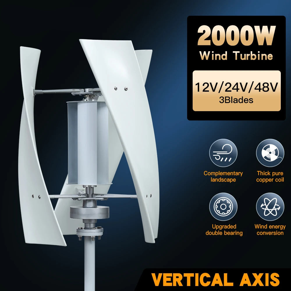 Verticale Windturbine – Horizontale Windmolen – Mini Windgenerator – Windkracht Turbine – 2000W Vermogen – 48V - Off-grid Systeem 3 - QUORE
