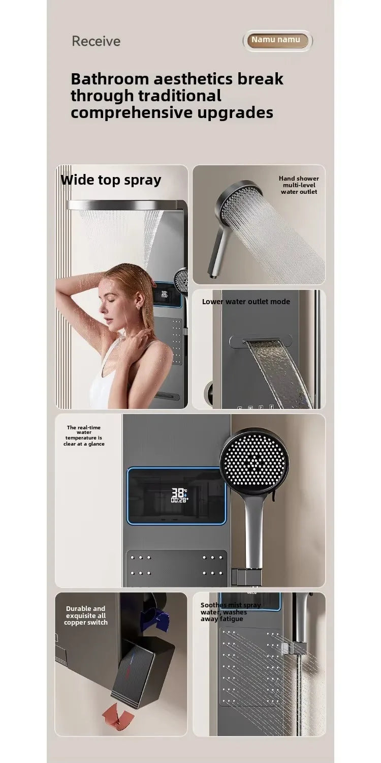 LED Waterval Douchekop – Douchepaneel – Waterval Douche – Wanddouche – Douchekop LED – Aluminium Geborsteld – Temperatuurgevoelige LED-verlichting - QUORE