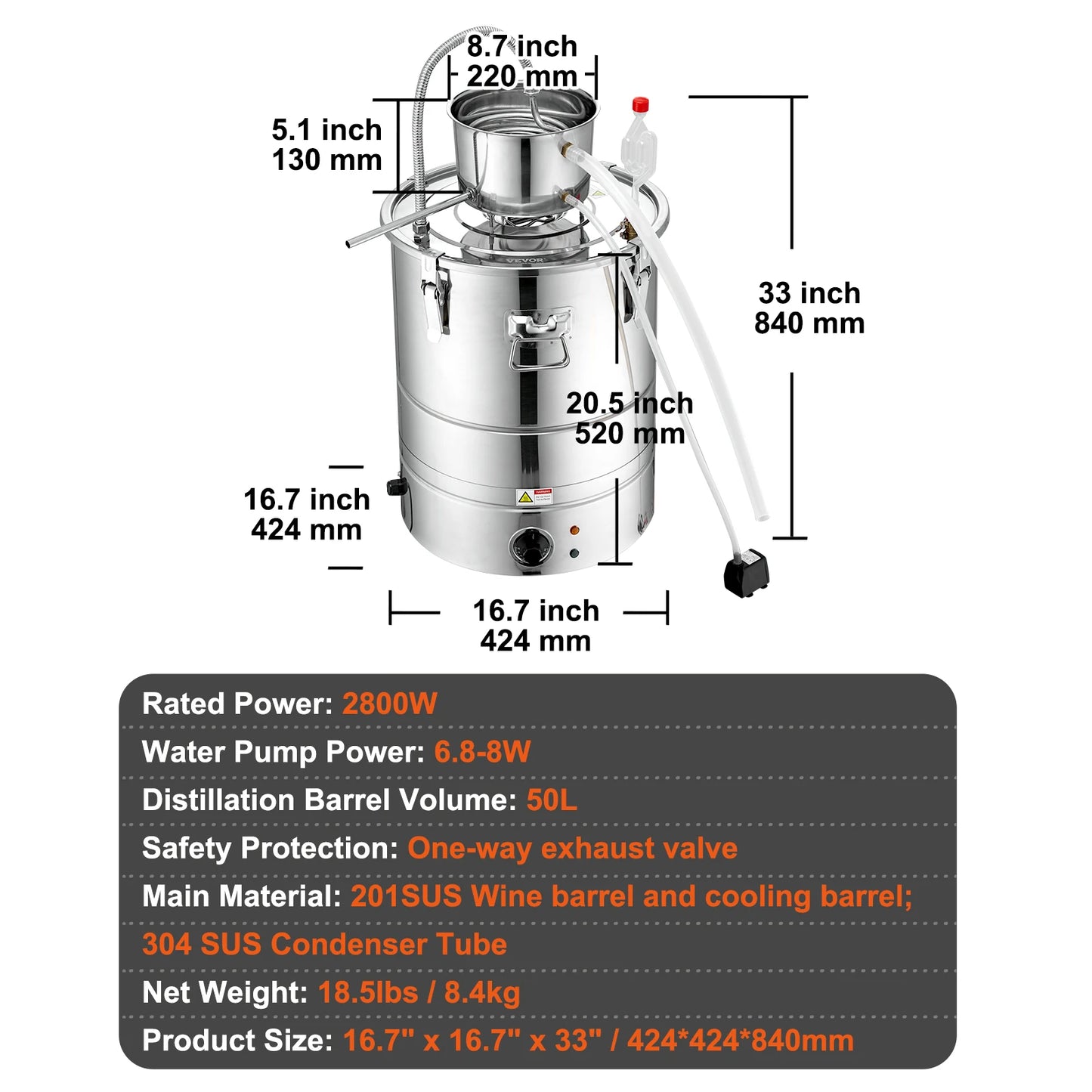 Roestvrijstalen Alcohol Distilleerapparaat - Destilleerapparaat Etherische Olie - Destilleerketel - 50L -  Voor Whisky, Wijn, Brandy & Essentiële Oliën