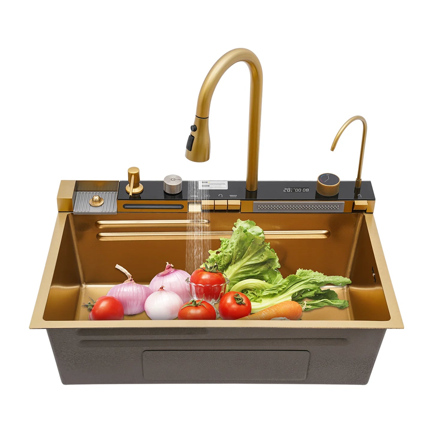 Gouden Keukenspoelbak – Spoelbak – Keukenspoelbak – Spoelbak Met Kraan – RVS Spoelbak – Uitrekbare Kraan 60 cm – Ingebouwde Zeepdispenser