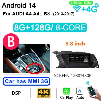 Android Autoradio – Multimedia Speler – 2 DIN Stereo – Touchscreen Navigatie – 8,8'' Scherm – 8 GB RAM & 256 GB Opslag – Android 14 & 4G LTE Connectivity