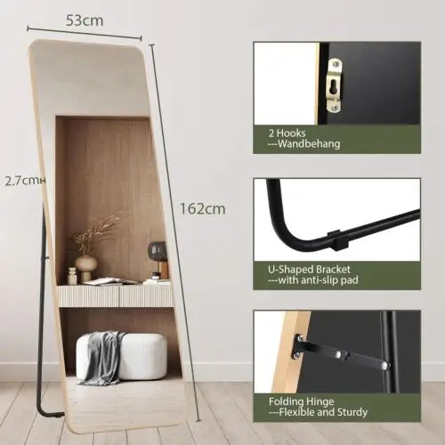 Full Length Mirror Standing Hanging or Leaning Against Wall Large Bedroom Floor Mirror Dressing, Aluminum Alloy Frame 162cm - QUORE