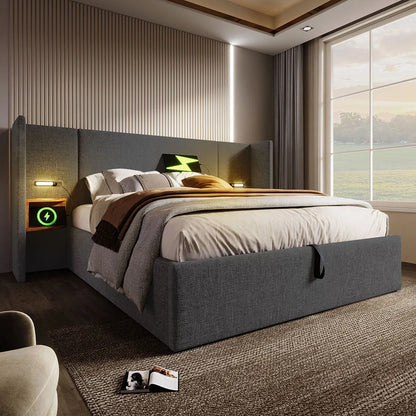 Bed – Slaapbed – Opbergbed – Linnengoedbed – Houten Bedframe – 160x200 cm – Inclusief Opklapbare Lattenbodem – Met USB-Oplaadpoort - QUORE