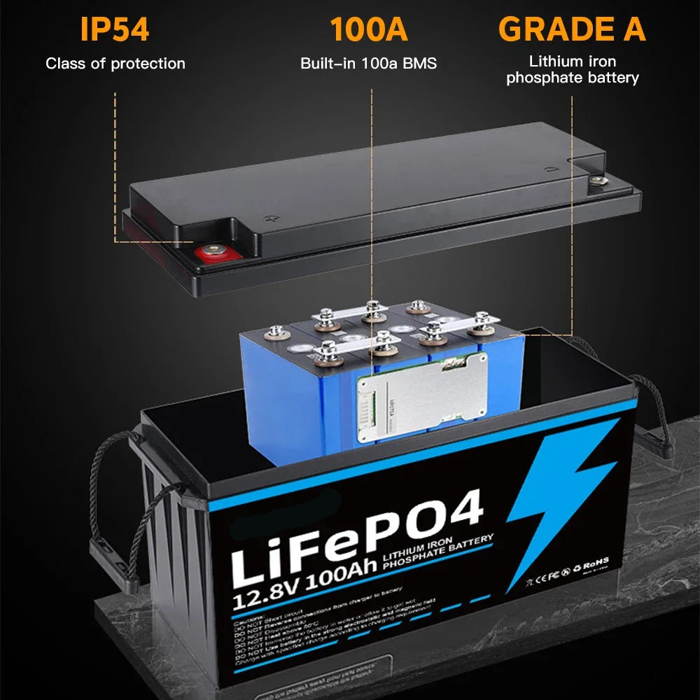 LiFePO4 Accu – Oplaadbare Batterij – Elektrische Accu – Zonnepaneel Accu – Camper Accu – 100Ah Capaciteit – IP56 Waterbestendig - 12.8V 200AH 2560WH