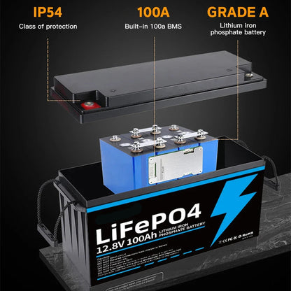 LiFePO4 Accu – Oplaadbare Batterij – Elektrische Accu – Zonnepaneel Accu – Camper Accu – 100Ah Capaciteit – IP56 Waterbestendig - 12.8V 200AH 2560WH