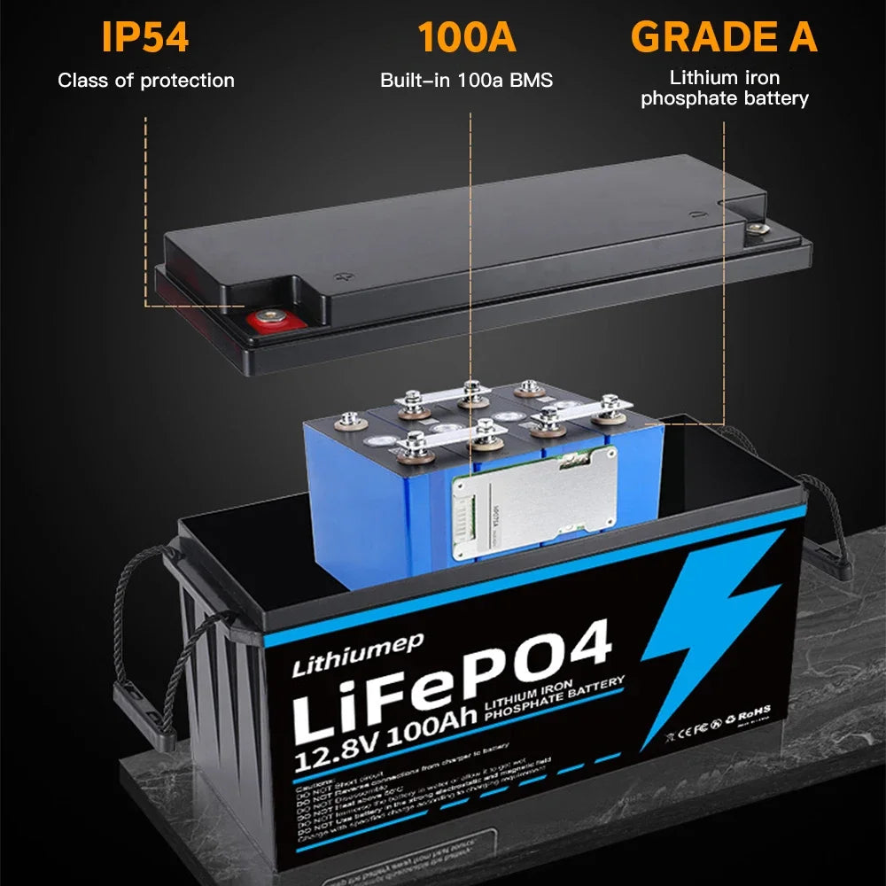 LiFePO4 Accu – Oplaadbare Batterij – Elektrische Accu – Zonnepaneel Accu – Camper Accu – 100Ah Capaciteit – IP56 Waterbestendig - 12.8V 100AH 1280WH