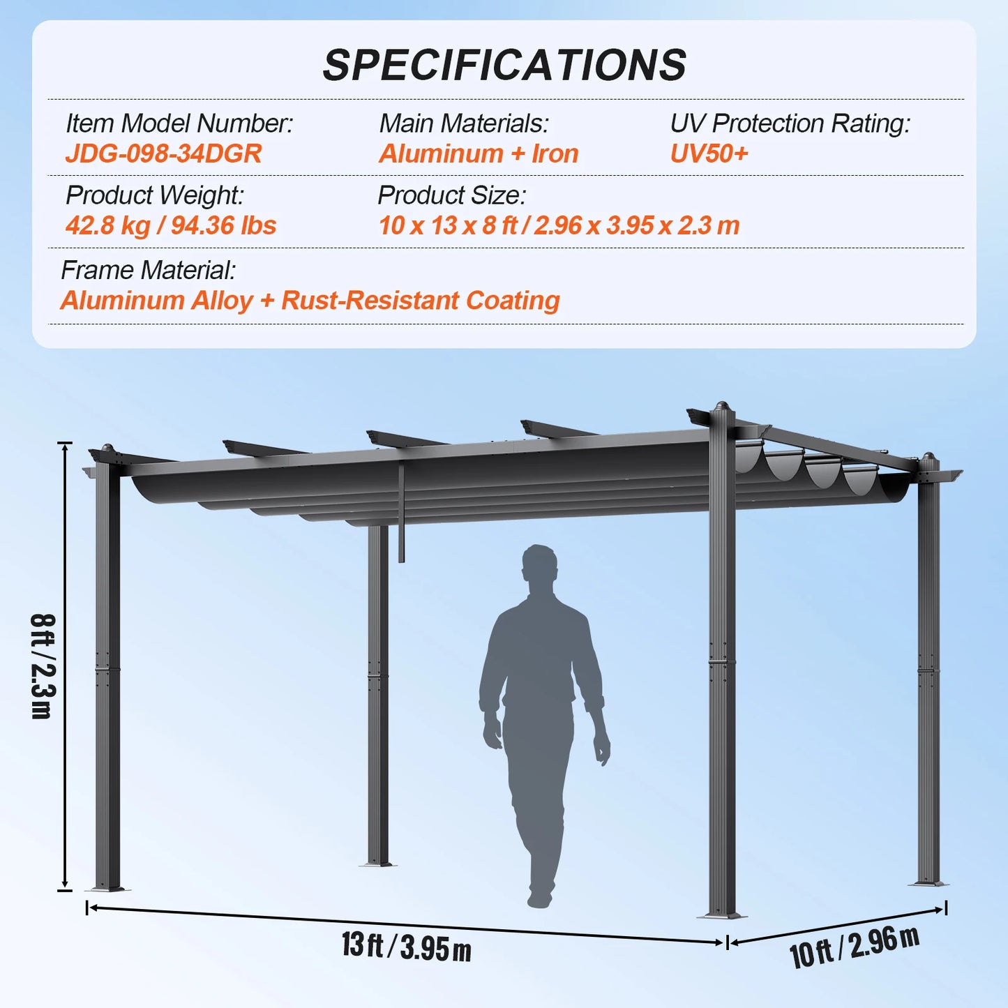 Verstelbare Pergola – Uitschuifbare Zonnedoek – Aluminium Overkapping – Buitenluifel – UV50+ Bescherming – Waterafstotend Polyester – 3x3 Meter - 10x13ft