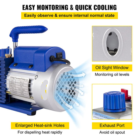 Vevor - Vacuum Pump - Refrigerant Vacuum Pump - Refrigeration Tools - HVAC Refrigeration - Dry Pump 4CFM 1/3HP - with Gauge - Blue