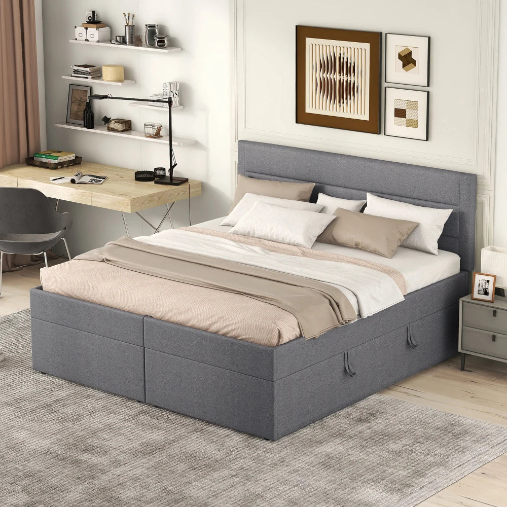 Bedbank – Tweepersoonsbed – Slaapbank – Logeerbed – Bedframe – Ruime Opbergruimte – Massief Hout & Linnen – 140x200 cm