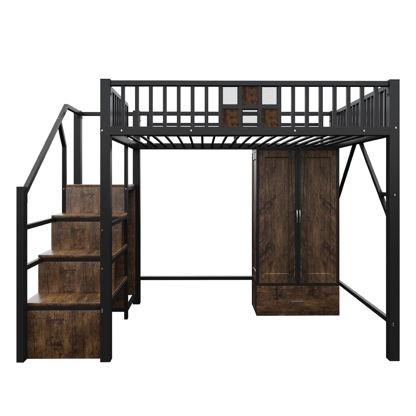 Tweepersoonsbed – Bedbank – Opbergbed – Slaapbed – Ledikant – Ruimtebesparend met Lades en Kast – 90x200 & 140x200 cm – Wit en Naturel – Inclusief Trapje en Deurframe – Zonder Matras