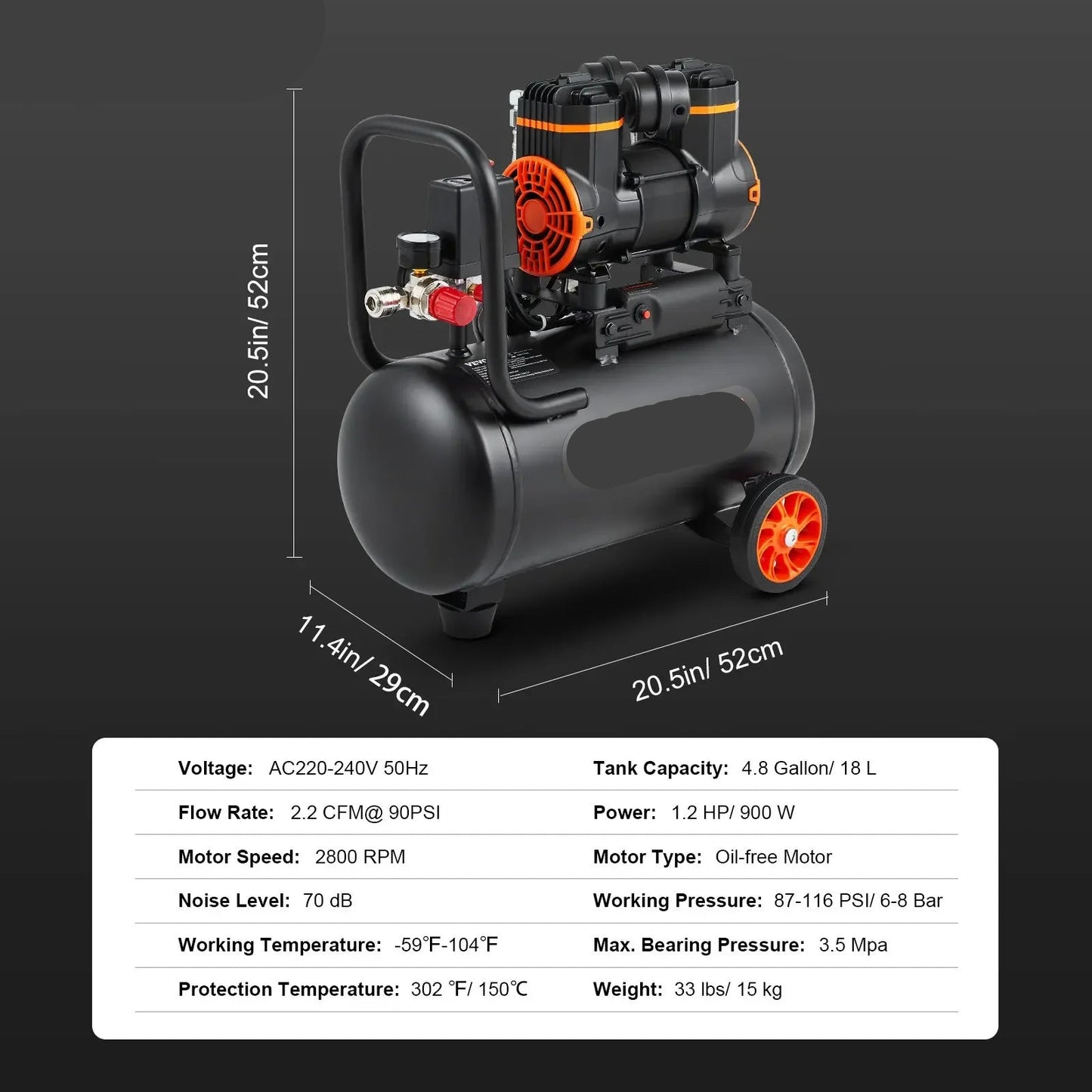 Stille Olievrije Luchtcompressor - Luchtcompressor - Luchtcompressor Bandenpomp - 70dB Geluidsarm - 4,8 Gallon - Draagbare - voor Banden - Spuitwerk - Gereedschap