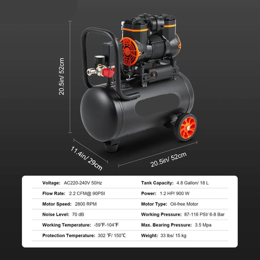 Stille Olievrije Luchtcompressor - Luchtcompressor - Luchtcompressor Bandenpomp - 70dB Geluidsarm - 4,8 Gallon - Draagbare - voor Banden - Spuitwerk - Gereedschap