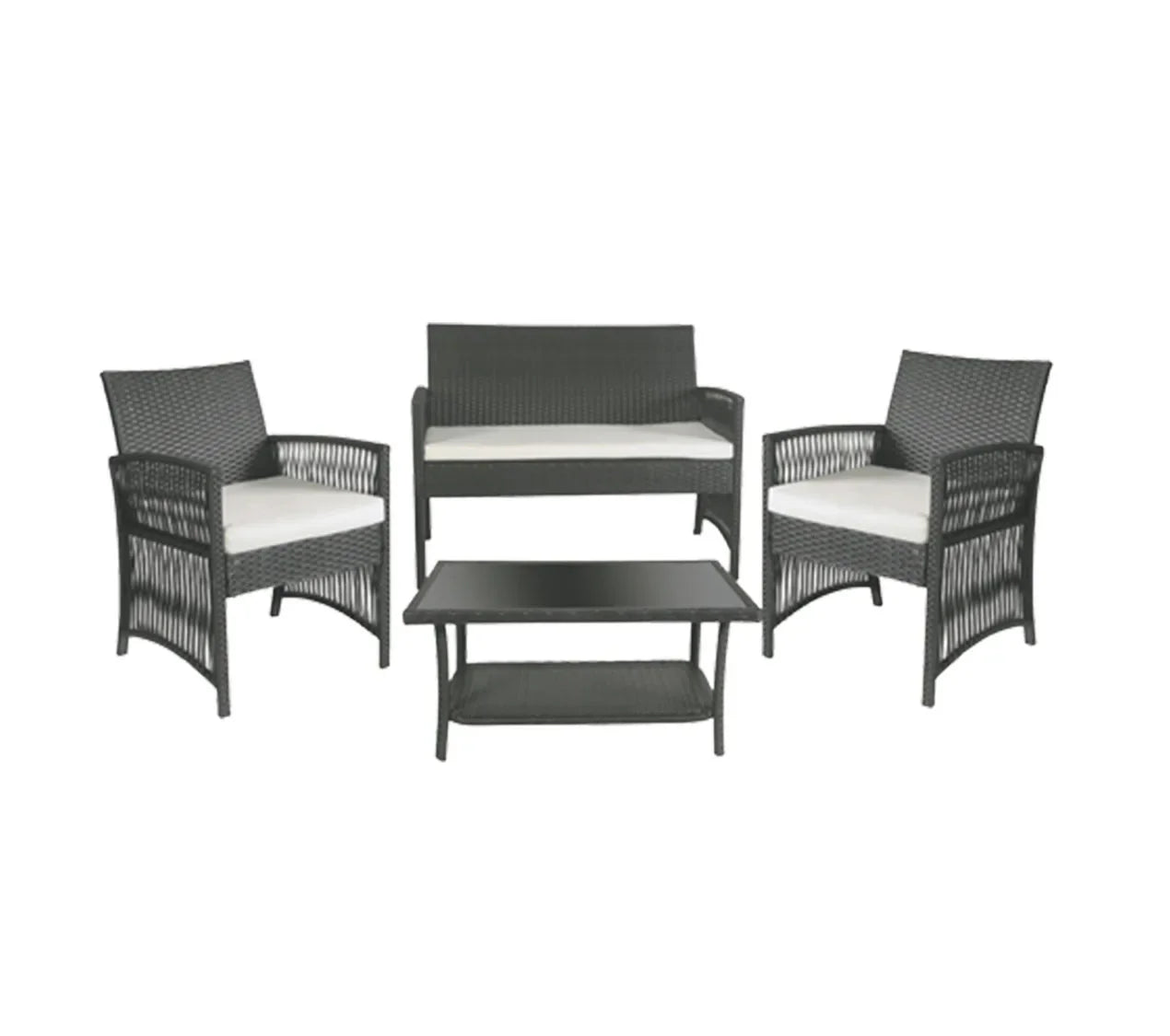 Tuinmeubelset - Tuinset - Bistroset - Tuintafel met Stoelen - Balkonset met Kussen - Glas Tafelblad - Stoelen & Tafel - Rietenmeubelset - voor Tuin - Terras - Balkon - Buiten - Zwart