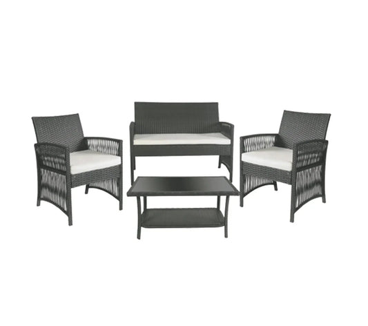 Tuinmeubelset - Tuinset - Bistroset - Tuintafel met Stoelen - Balkonset met Kussen - Glas Tafelblad - Stoelen & Tafel - Rietenmeubelset - voor Tuin - Terras - Balkon - Buiten - Zwart