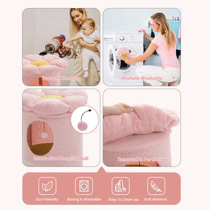 Kattenhuis - met 2 Verdiepingen - Binnen – Houten bed - met Afneembaar Bloemenkussen - Ruime Kattengrot - Hangspeeltje - Krabpaal - 73cm Hoog - Bruin