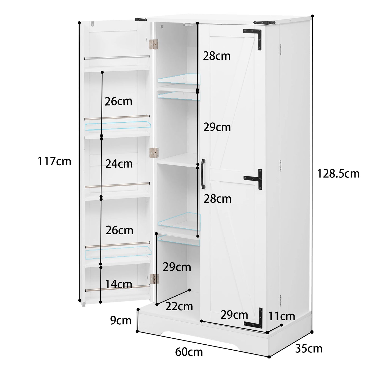 Keukenkast – Opbergkast – Kast Met Deuren – Kast Met Planken – Dressoir – LED-Verlichting – 60×35×128,5 cm – Verstelbare Planken - QUORE