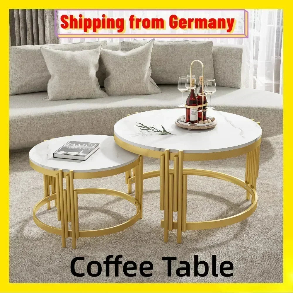 Salontafel – Koffietafel – Bijzettafel – Woonkamertafel – Ronde Tafel – 2-in-1 Set – Marmerlook MDF Blad – Goud Metalen Frame