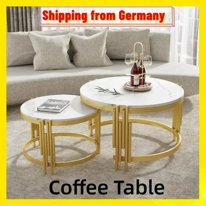 Salontafel – Koffietafel – Bijzettafel – Woonkamertafel – Ronde Tafel – 2-in-1 Set – Marmerlook MDF Blad – Goud Metalen Frame