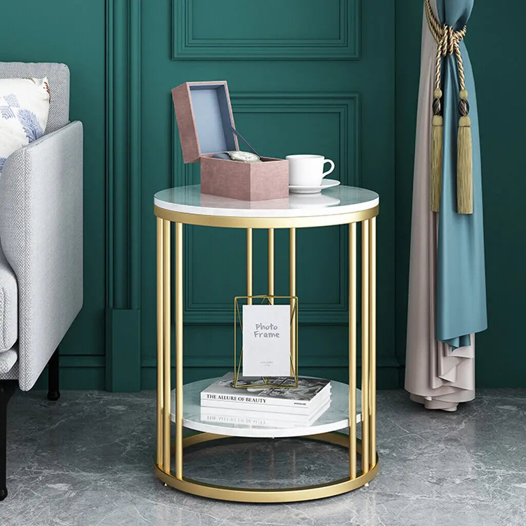 Bijzettafel Rond - Salontafels - Tafeltje Rond - Bijzettafeltjes Woonkamer - Legplank 2 Niveaus - Sieraden Opberger - Metalen Frame - Gold.